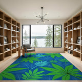 Stylized Green Leaves on Deep Blue Area Rug