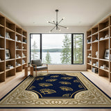 Navy Blue Golden Seashell Area Rug with Ornate Border