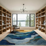 Golden Sun Over Layered Teal Waves Abstract Rug