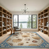 Coastal Scallop Shell Area Rug with Blue Border