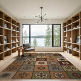 ODIKA Washable Vintage Mosaic Medallion Area Rug - Low Pile Non-Slip Folk Art Pattern