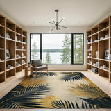 Black Palm Fronds Gold Distressed Vintage Rug