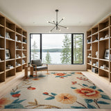 Cream Floral Vintage Area Rug with Peony Blooms