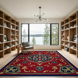 Elegant Red Persian Area Rug with Navy Gold