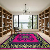 Ornate Pink Mandala Area Rug with Navy Gold Borders