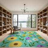 Vibrant Teal Floral Area Rug with Sunflowers Daisies Tulips