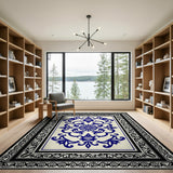 Navy Blue Persian Floral Motif Area Rug