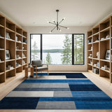 Navy Blue Grey White Geometric Block Area Rug