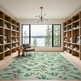 Mint Green Peach Blossom Floral Area Rug