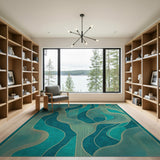 Teal and Gold Fluid Wave Abstract Area Rug