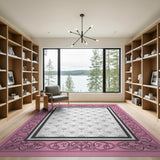 Pink Ornate Framed Gray Damask Area Rug