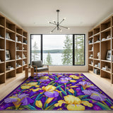 Vibrant Purple Yellow Iris Floral Area Rug
