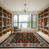 Vibrant Red Orange Floral Black Area Rug