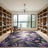 Lush Purple Jungle Ferns Blooms Area Rug