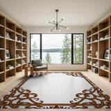 Ornate Brown Vine Leaf Border Area Rug