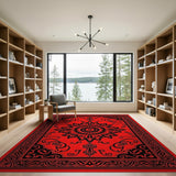 Red Persian Medallion Area Rug with Black Floral Motifs