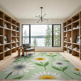 White Daisy Floral Area Rug on Mint Green