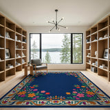 Vibrant Floral Border Navy Persian Area Rug