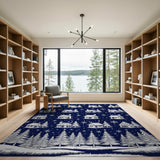 Navy Blue Snowy Cottages Trees Area Rug