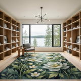 Ethereal White Anemone Blooms Teal Area Rug