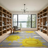 Playful Yellow Suns Stars Grey Striped Kids Rug