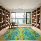 Vibrant Yellow Blue Swirl Geometric Area Rug