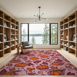 Whimsical Orange Pumpkin Leaf Pink Area Rug