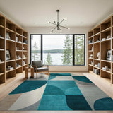 Teal Blue Curved Geometric Area Rug