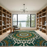 Teal Mandala Boho Area Rug with Orange Accents