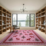 Whimsical Pink Christmas Reindeer Sleigh Rug