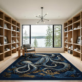 ODIKA Washable Octopus Nautical Rug - Vintage Navy & Gold Low Pile Area Rug