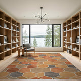 Washable Terracotta Geometric Hexagon Low Pile Area Rug