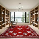 Red Snowflake Area Rug with Ornate White Border