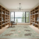 Capybara Floral Green Washable Area Rug