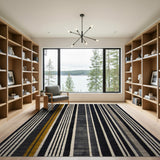 Bold Vertical Striped Area Rug in Black, Grey Mustard