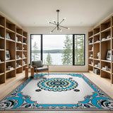 Blue Mandala Area Rug with Ornate Teal Border
