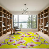 Sunny Yellow Area Rug with Pink Cherry Blossoms