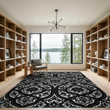 Ornate Black White Lotus Damask Area Rug