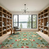 Mint Green Peach Blossom Floral Vintage Area Rug