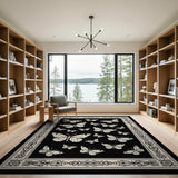 Ornate Butterfly Silhouette Area Rug Black White
