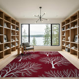 White Bare Tree Silhouettes on Deep Red Area Rug