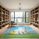 Adorable White Fluffy Dog with Playful Chicks Cartoon Rug