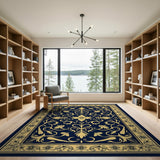 Navy Blue Gold Ornate Floral Area Rug
