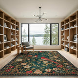 Teal Persian Rug with Roses and Birds