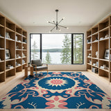 Navy Blue Persian Floral Area Rug with Pink Accents