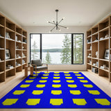 Vibrant Yellow Geometric Pixels on Blue Area Rug
