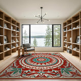 Vibrant Red Teal Mandala Persian Area Rug