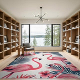 Pink Coastal Beach Pink Flamingo Palm Leaf Area Rug