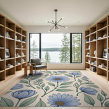 Blue and Teal Vintage Blue Daisy Floral Area Rug