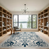 Ornate Navy Floral Border Area Rug